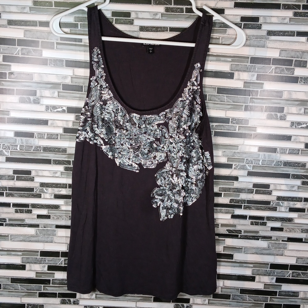 Express Tank Top Charcol Grey Sequins  Sleeveless Size S/P Y2k Sexy Geometric